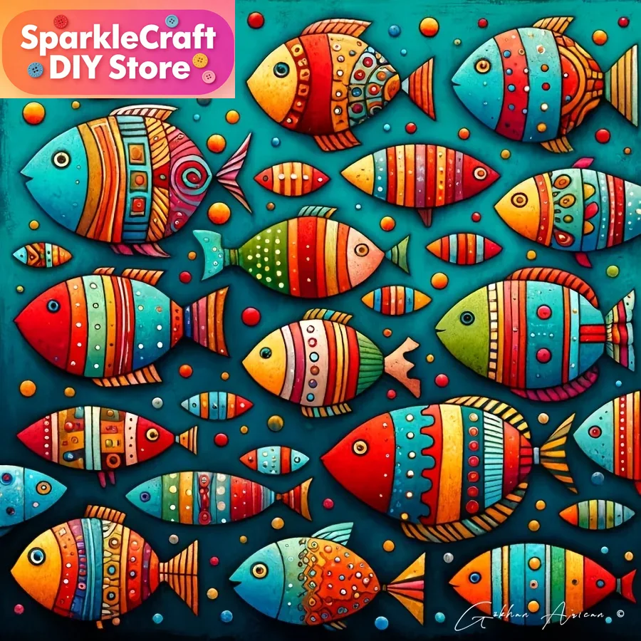 Resin Art Wall - Colorful Whimsical Fish School 5D Diamond